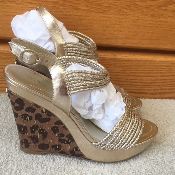BCBGeneration Shoes - BCBG gold metallic animal print wedge sandal S 9.5
